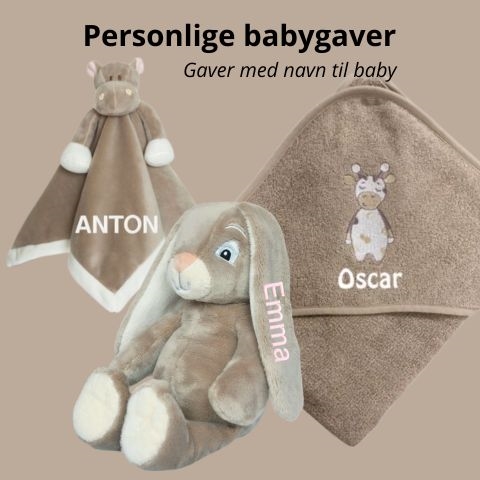 Personlige babygaver med navn – nusseklud, bamse og badeslag til baby